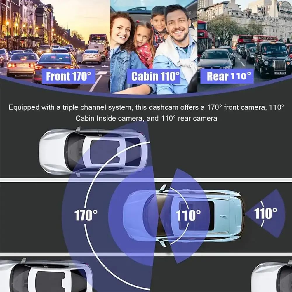 3 Channel Dash Camera, 2K Front + 1080P Rear, GPS, WiFi, Remote Live View, 24H Parking Monitor, G-Sensor
