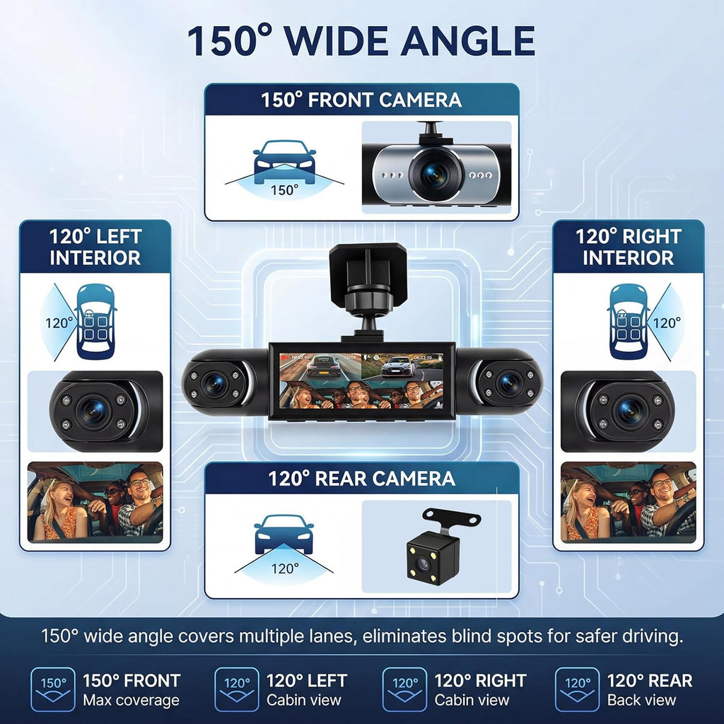 4 Channel 360° Dash Camera Front and Rear Inside Left Right, Dash Cam for Cars, Built-in Night Vision, Sensitive Motion Detection 24/7 Recording Parking Mode Monitor Reversing