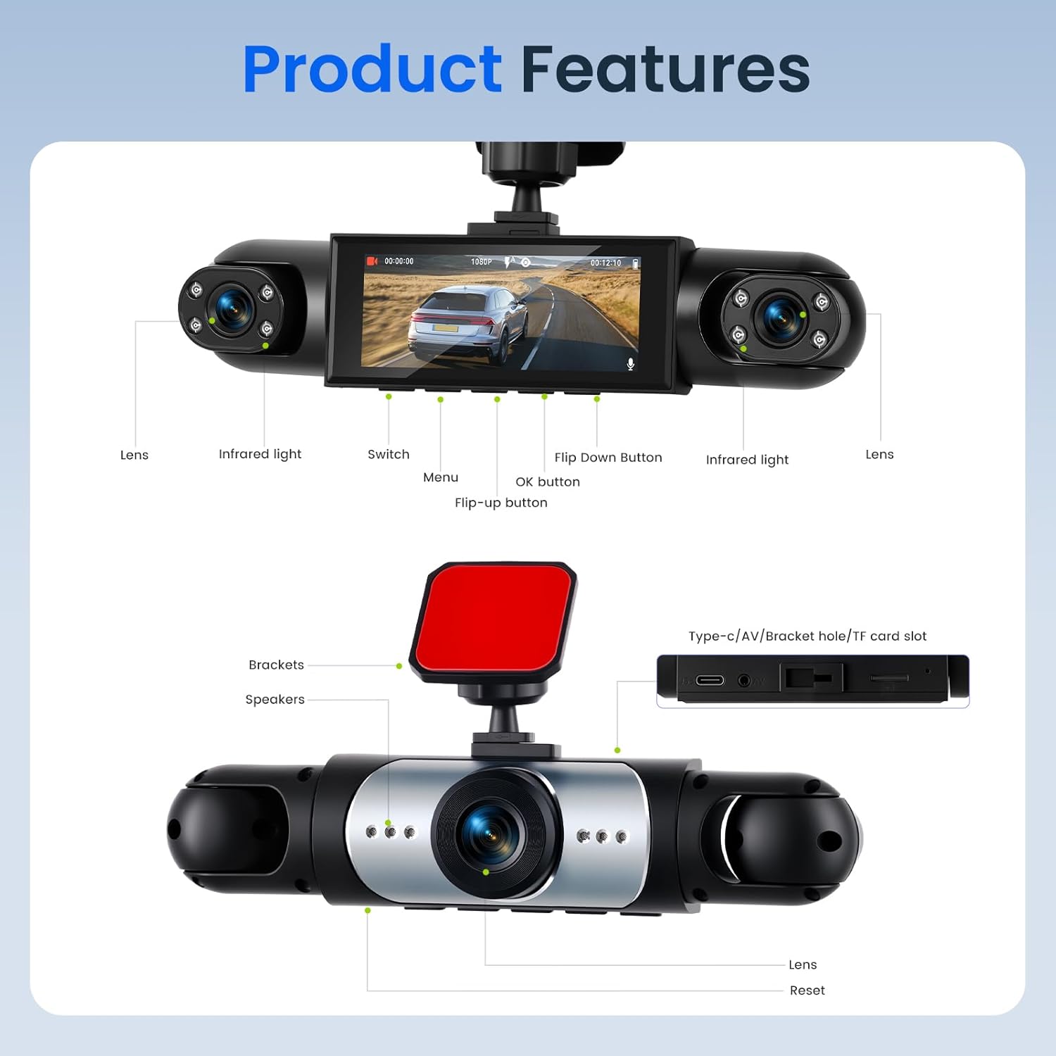 4 Channel 360° Dash Camera Front and Rear Inside Left Right, Dash Cam for Cars, Built-in Night Vision, Sensitive Motion Detection 24/7 Recording Parking Mode Monitor Reversing
