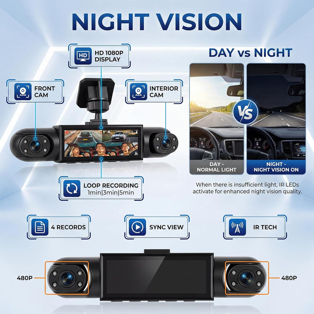 4 Channel 360° Dash Camera Front and Rear Inside Left Right, Dash Cam for Cars, Built-in Night Vision, Sensitive Motion Detection 24/7 Recording Parking Mode Monitor Reversing