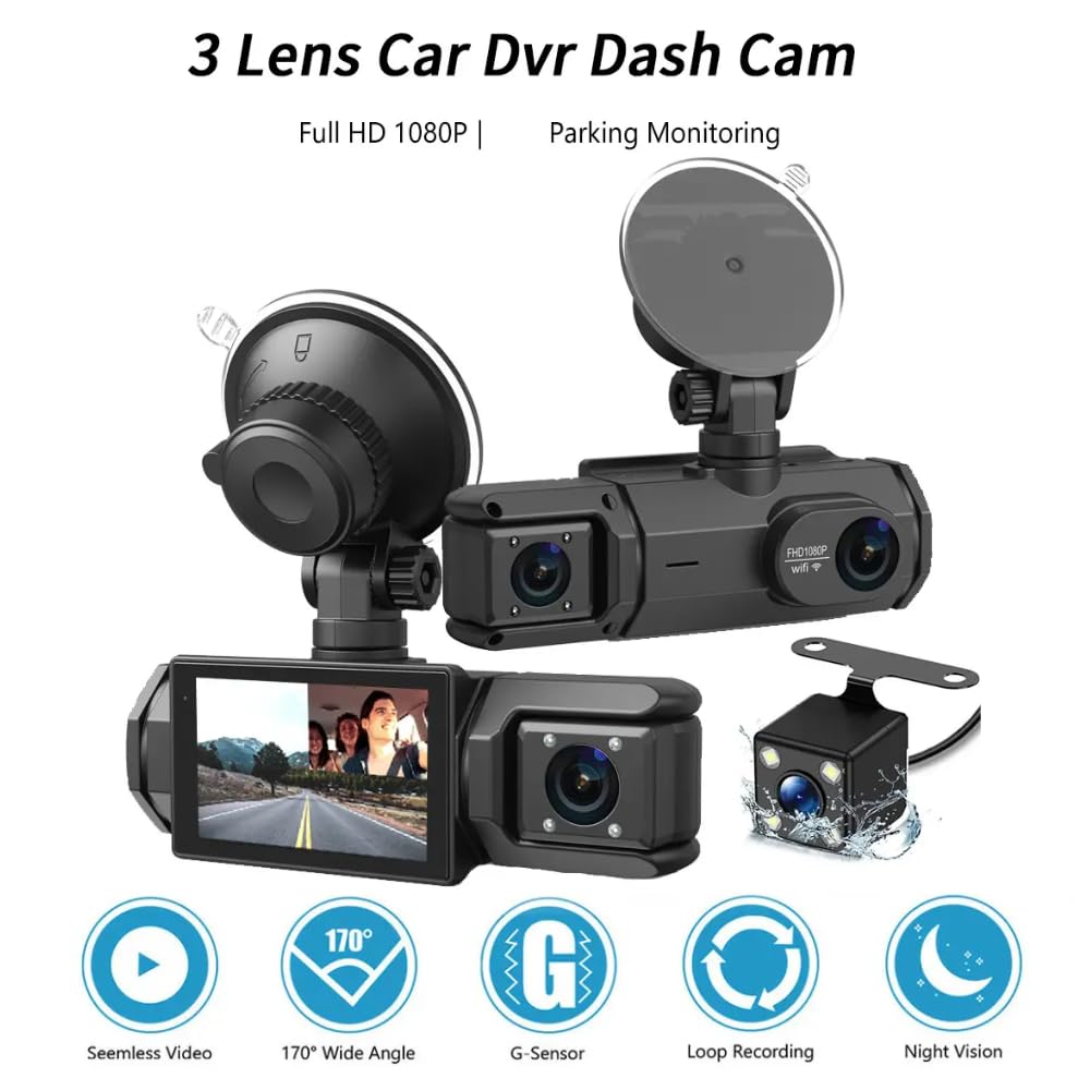 3 Channel Dash Camera, 2K Front + 1080P Rear, GPS, WiFi, Remote Live View, 24H Parking Monitor, G-Sensor