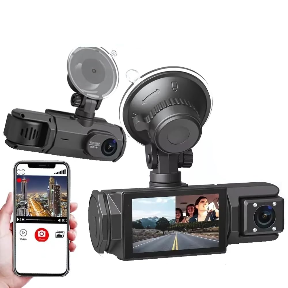3 Channel Dash Camera, 2K Front + 1080P Rear, GPS, WiFi, Remote Live View, 24H Parking Monitor, G-Sensor