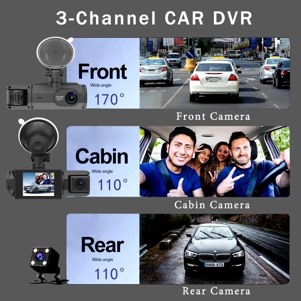 3 Channel Dash Camera, 2K Front + 1080P Rear, GPS, WiFi, Remote Live View, 24H Parking Monitor, G-Sensor