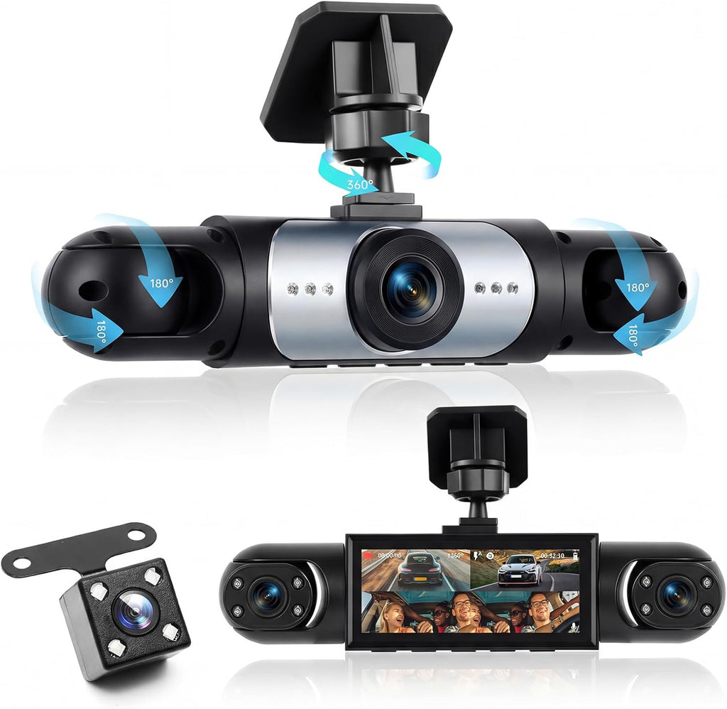 4 Channel 360° Dash Camera Front and Rear Inside Left Right, Dash Cam for Cars, Built-in Night Vision, Sensitive Motion Detection 24/7 Recording Parking Mode Monitor Reversing