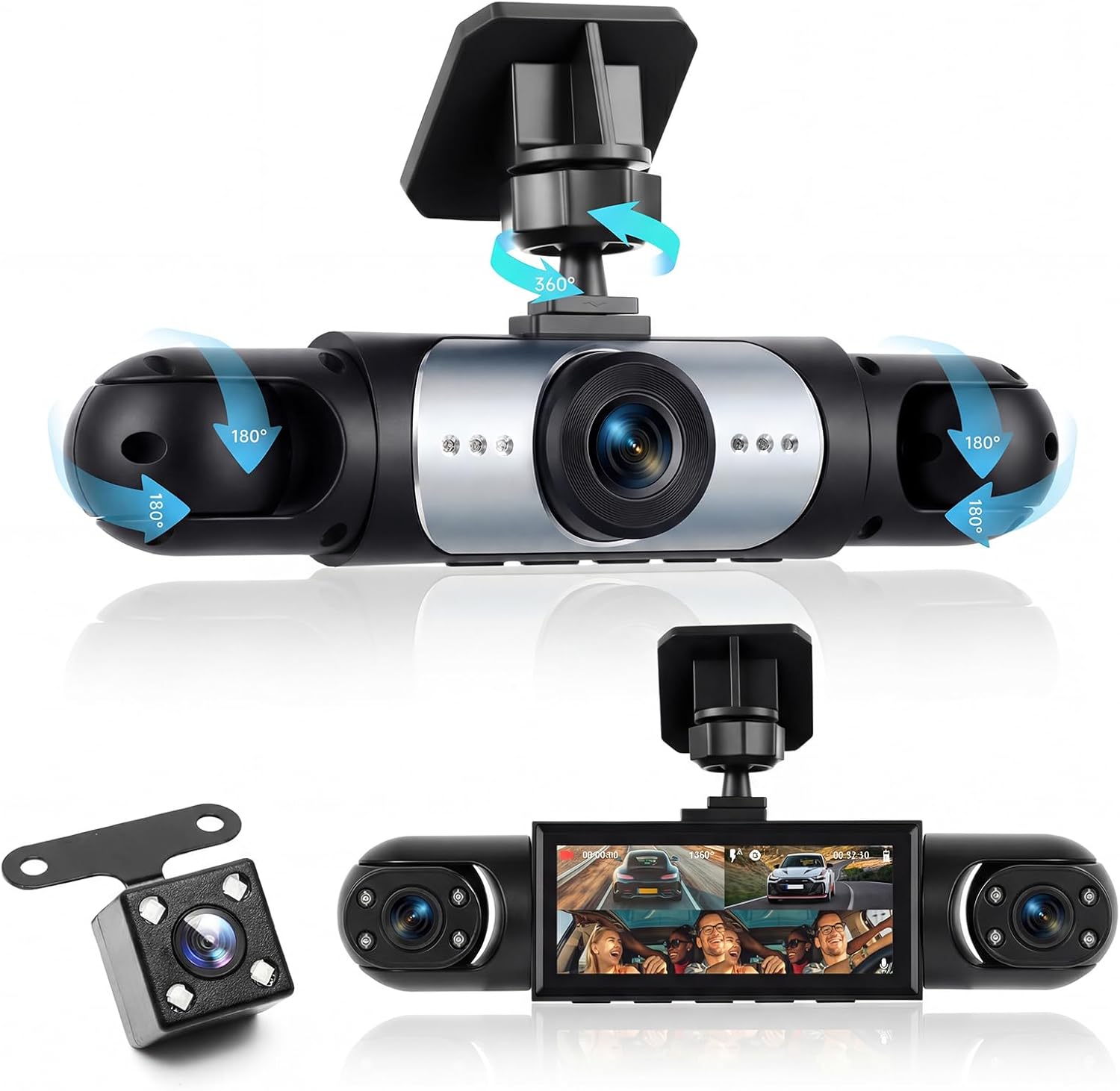 4 Channel 360° Dash Camera Front and Rear Inside Left Right, Dash Cam for Cars, Built-in Night Vision, Sensitive Motion Detection 24/7 Recording Parking Mode Monitor Reversing