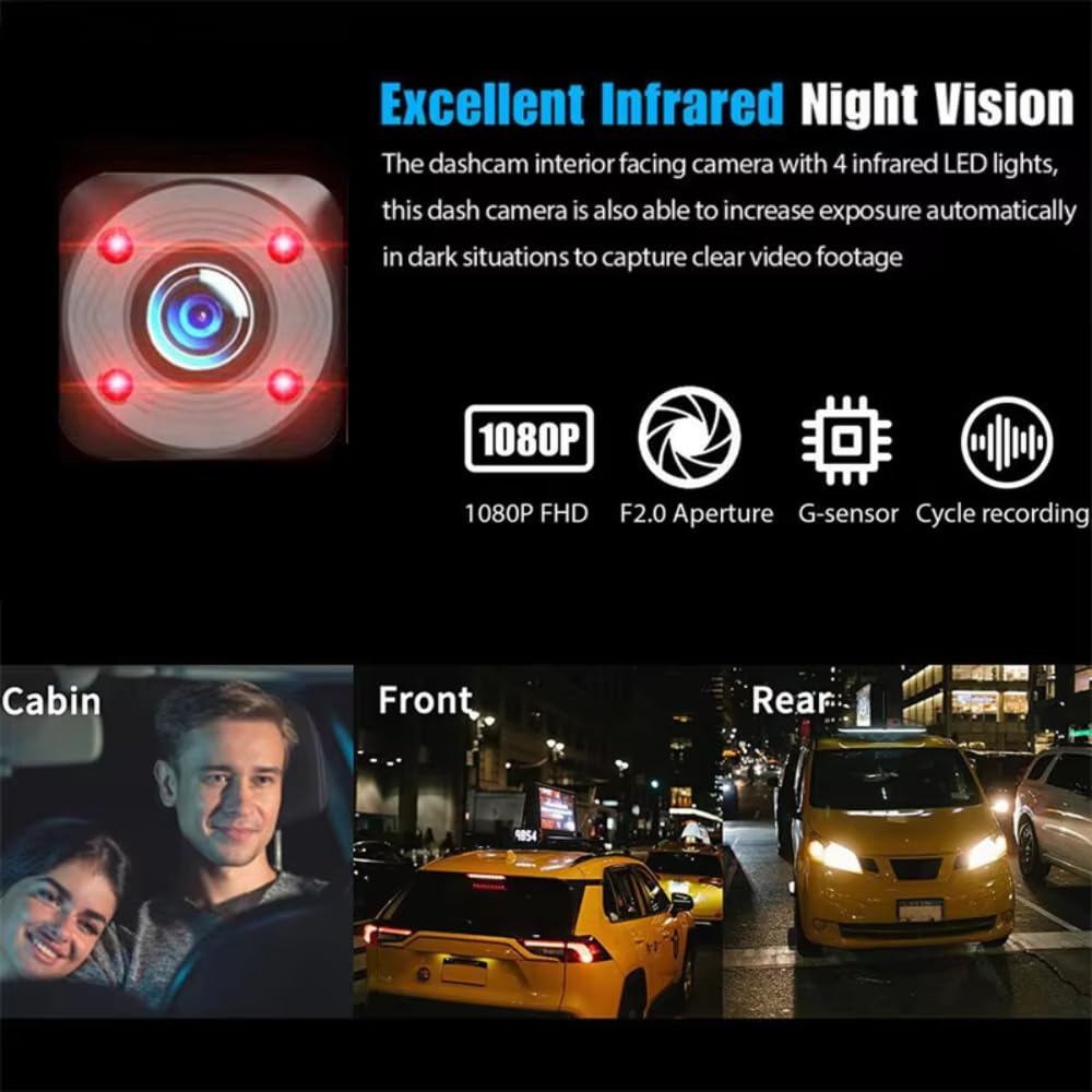 3 Channel Dash Camera, 2K Front + 1080P Rear, GPS, WiFi, Remote Live View, 24H Parking Monitor, G-Sensor